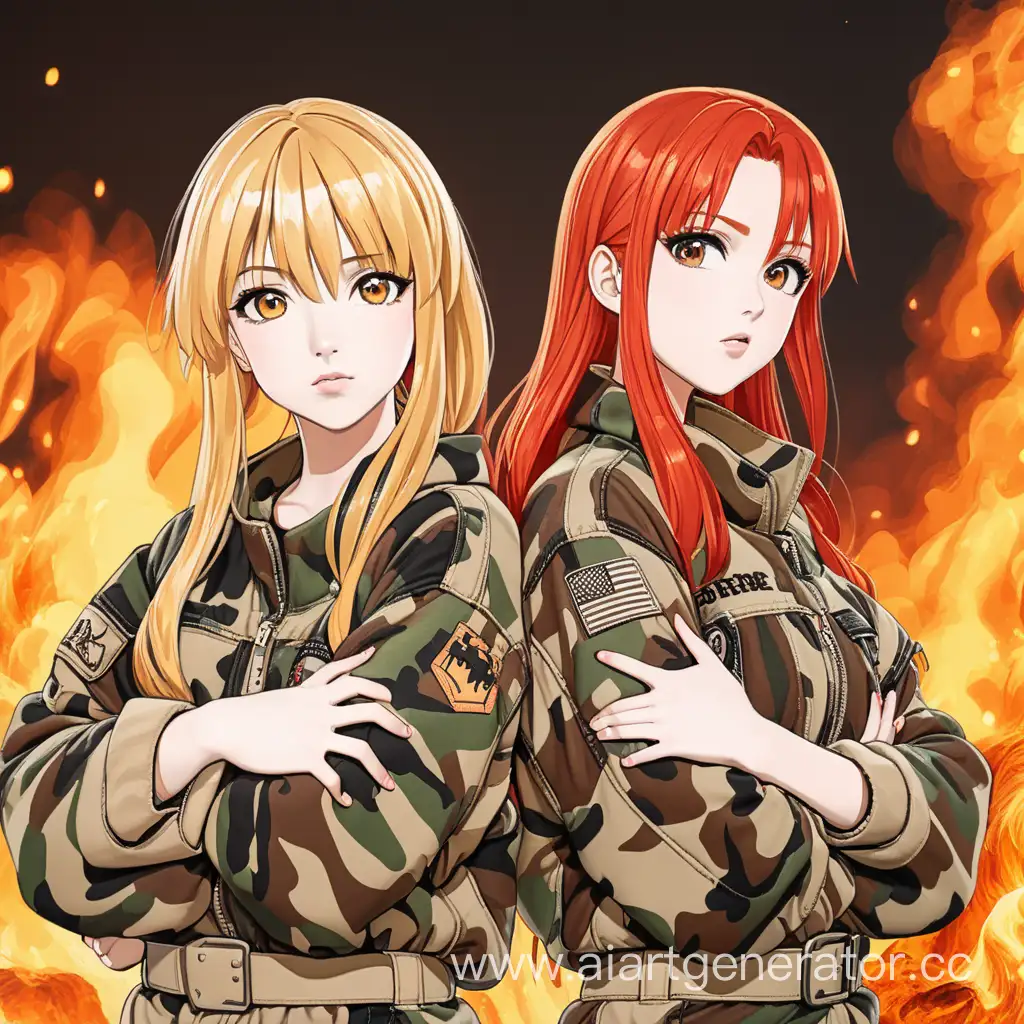 две девушки в стиле аниме блондинка и рыжая в камуфляже, на фоне огня