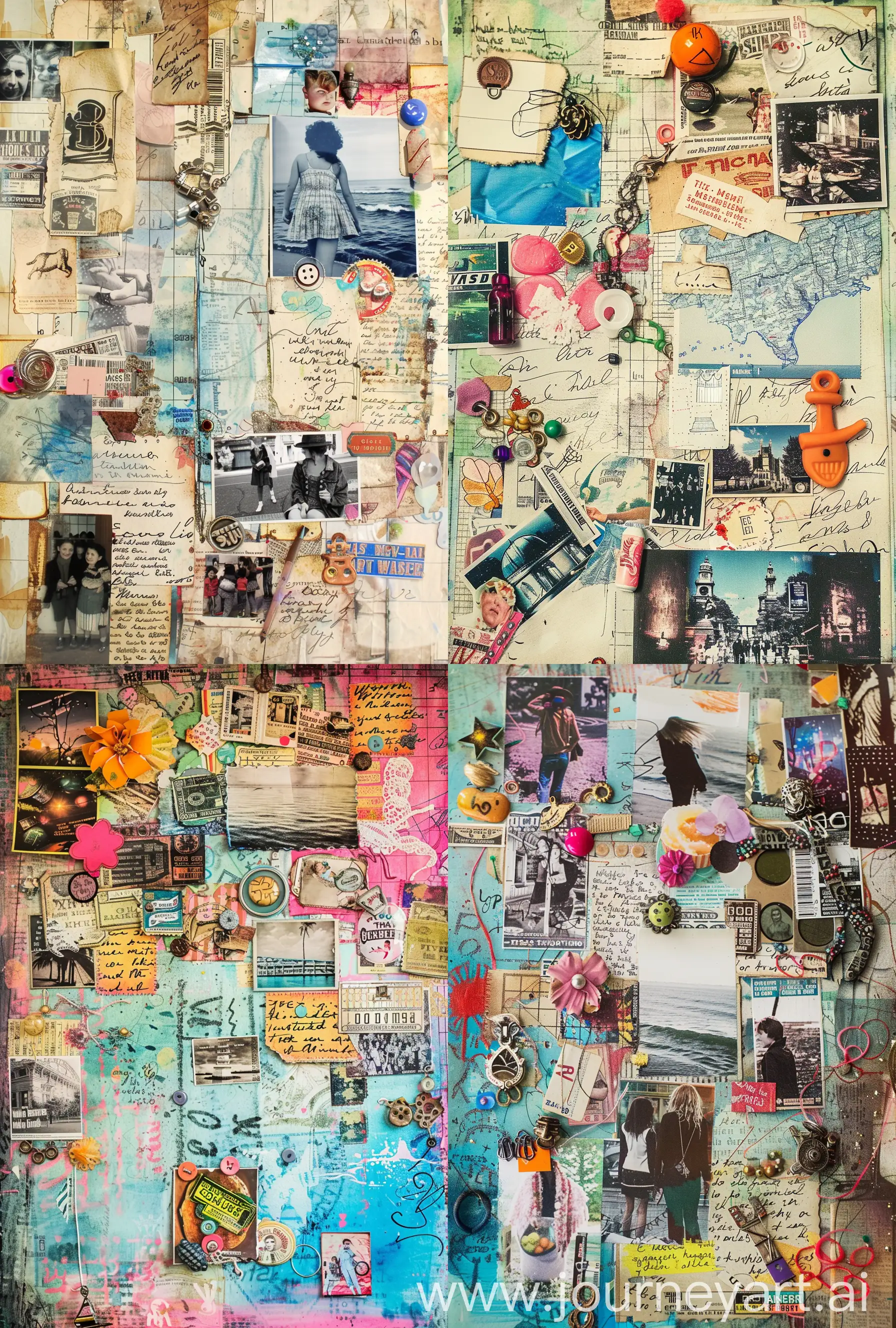 Whimsical Memories Collage: Combine snippets of photos, ticket stubs, and handwritten notes in a whimsical collage style, reminiscent of page. Add playful doodles and embellishments like trinkets and charms for a personalized touch --ar 43:64