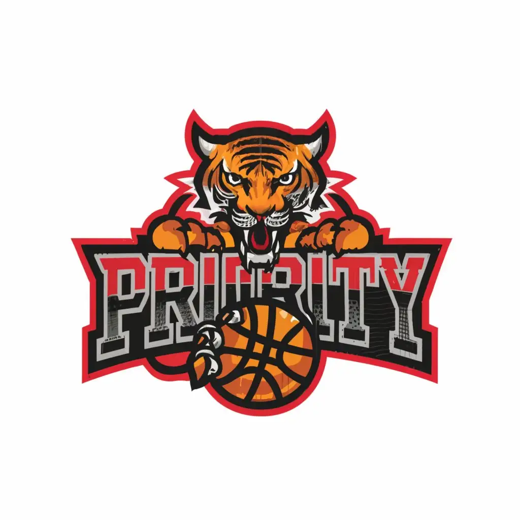 a logo design,with the text "priority", main symbol:tiger and basketball
color white red and black,complex,clear background