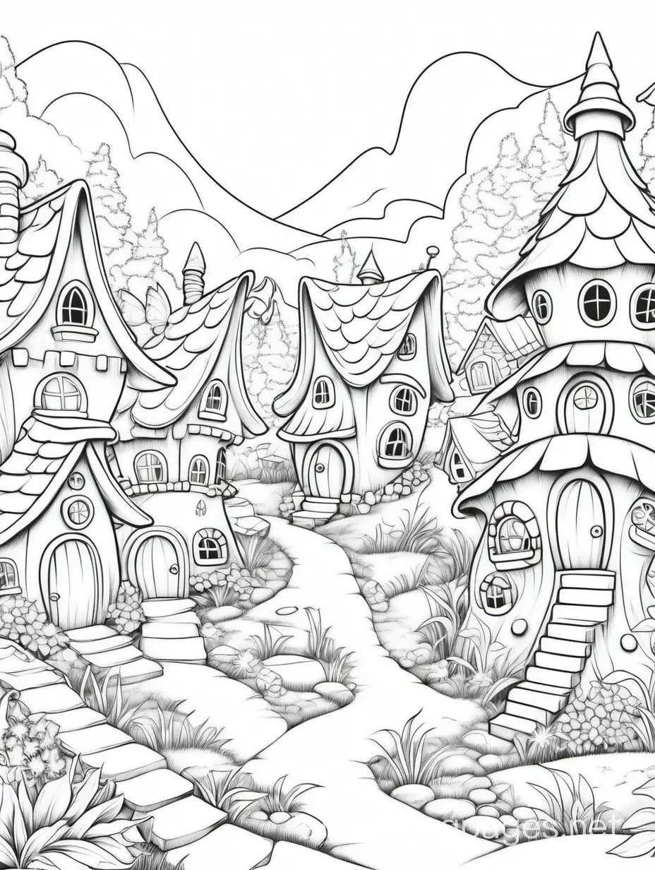 fairy village
, Coloring Page, black and white, line art, white background, Simplicity, Ample White Space. The background of the coloring page is plain white to make it easy for young children to color within the lines. The outlines of all the subjects are easy to distinguish, making it simple for kids to color without too much difficulty