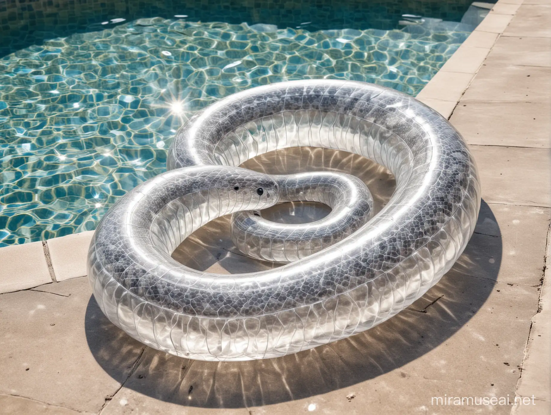 Clear transparent plastic inflatable snake in the pool.
Soft sun light comes from the right.
