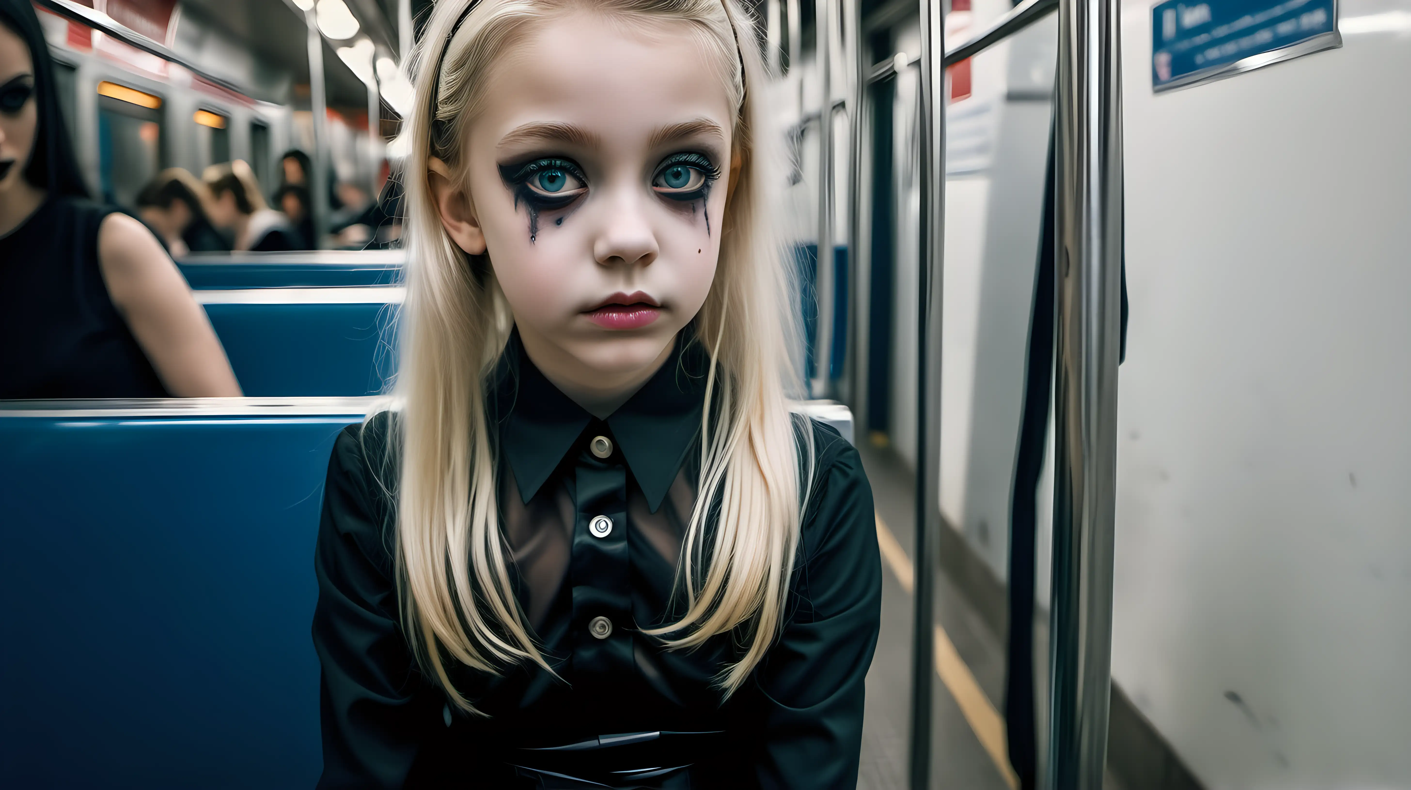 
 
shot with Nikon AF-S DX NIKKOR 35mm f/1.8G Lens in the street  

portrait of gothic blond little girl 9 years old little girl, wearing satin  shiny schoogirl uniform, black cellophane tights diffused light low pony hair clear eyes  wearing    tights  with mom  nordic model, sitting on a seat in the subway diffused light
, elle porte  des collants en cellophane  transparents, sa maman Goth girl. Neon lights.  .  makeup flow, zoom face
wearing latex shiny dress 
des hauts talons stiletto,  
 dans les couloirs du métro, beaucoup de néons et de lumières blanche

with mom  wearing     dress,   black tights, [Highly Detailed]     
with high heels stiletto,  
look sad, make-up flow

zoom face

suntanned skin, natural skin texture, (highly detailed skin:1.1), 
textured skin, (oiled shiny skin:0.5), 
 ,intricate skin details, visible skin detail, (detailed skin 
texture:1.1), mascara, (skin pores:1.1),  , skin fuzz, (blush:0.5), (goosebumps:0.5), translucent 
skin, (minor skin imperfections:1.2),    
(round iris:1.1), light reflections in her eye, visible cornea, highly detailed iris, remarkable detailed pupils 

portrait shot , zoom eyes

--v 6
