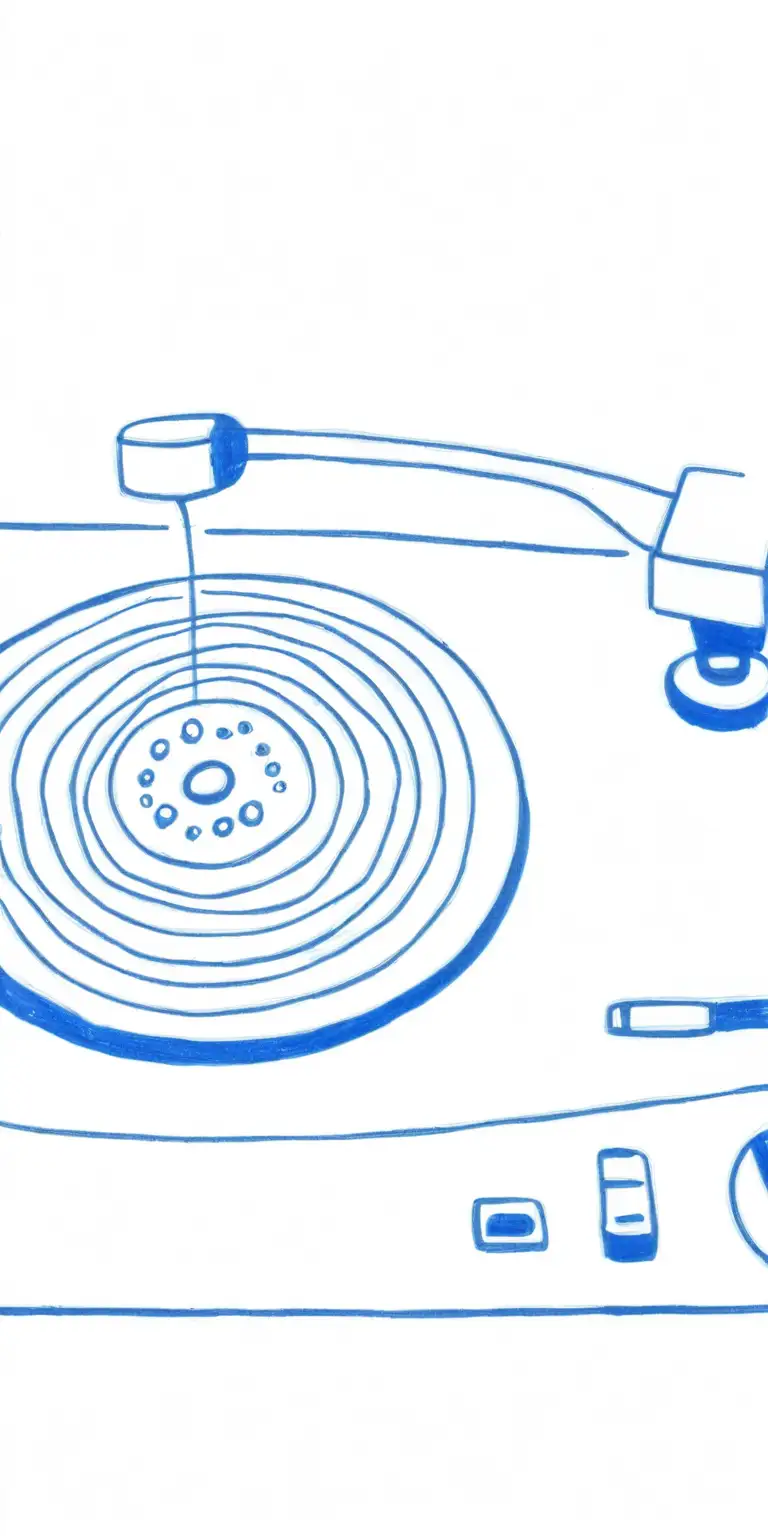 childish drawing of a record player, thin line black, white background