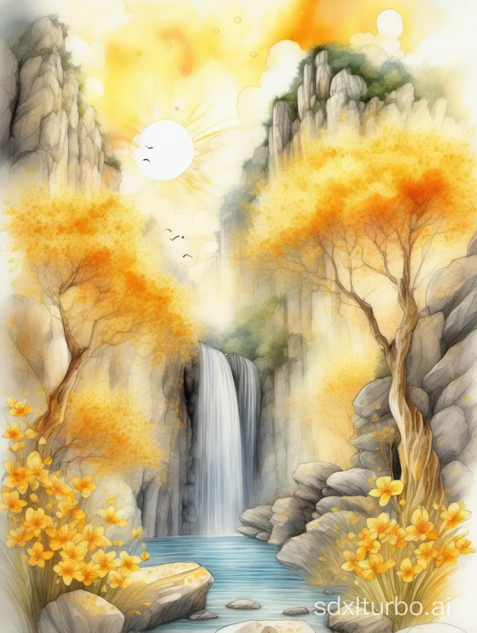 magical paradise landscape in beautiful colors,  sweet and delicate design of yellow and apricot flowers, waterfall, rocks, bright and colorful cloudscape, sunshine, golden splatters, richly detailed pencil drawing and watercolor