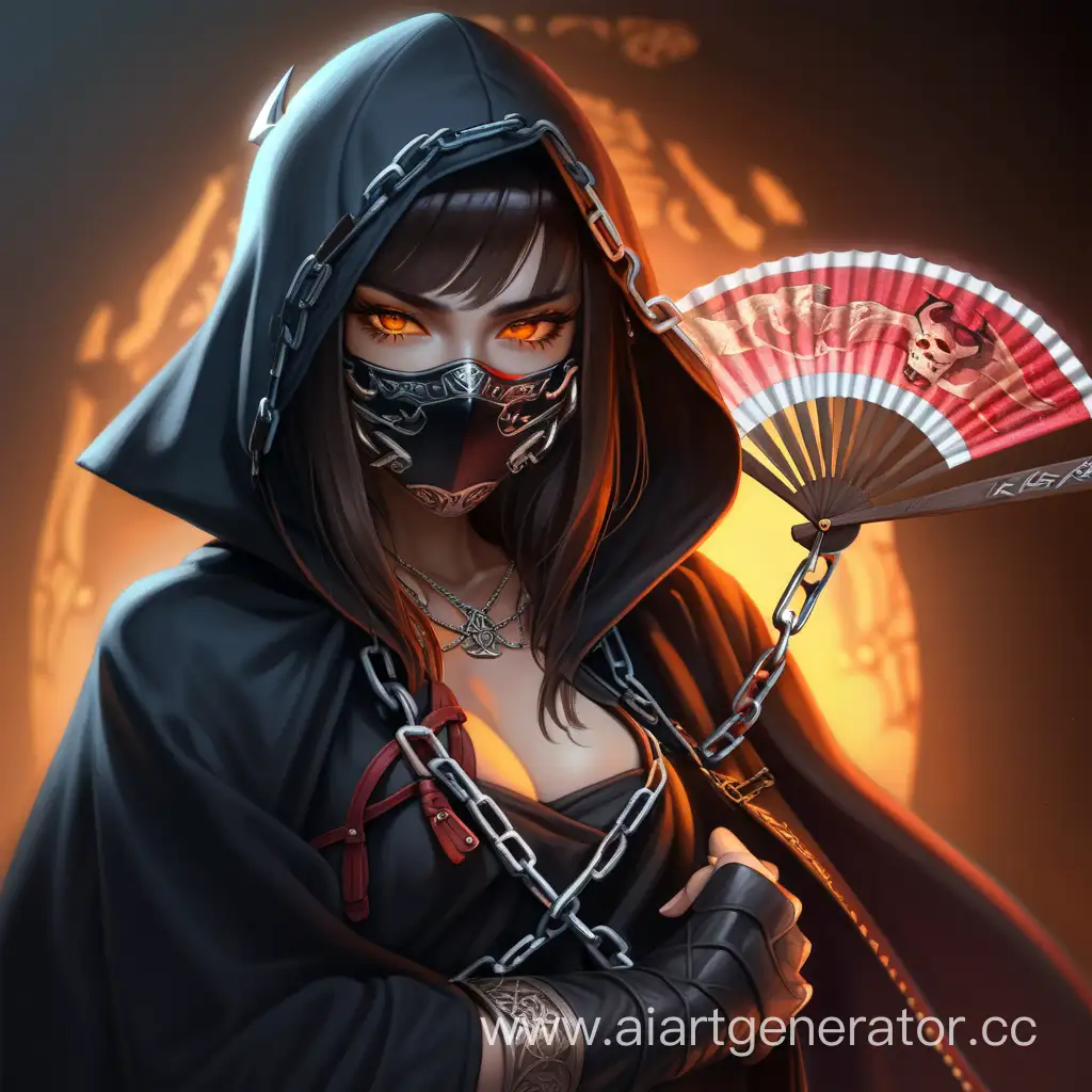 Девушка ниндзя, шатенка с янтарными глазами в плаще и маске демона, с подсветкой, цепями и веером



