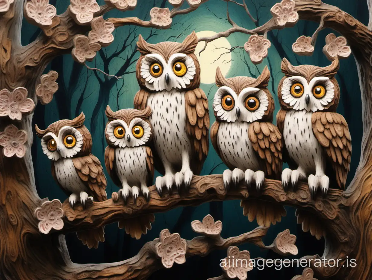 Majestic-3D-Animated-Owl-and-Owlets-in-Enchanting-Flowering-Tree-Hollow