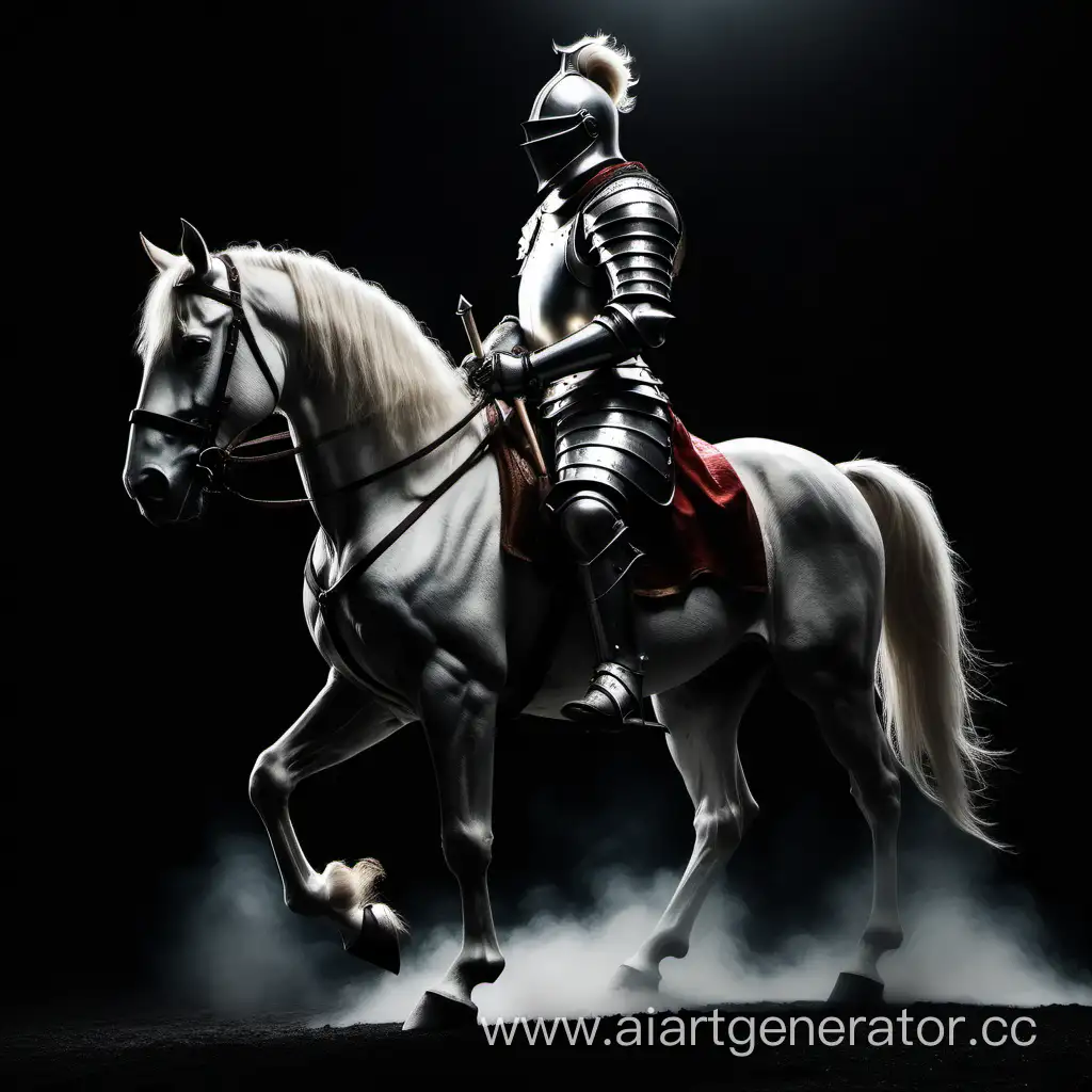 Персонаж: Рыцарь на коне в полный рост анфас Фон:  пустой черный фон, с дымкой