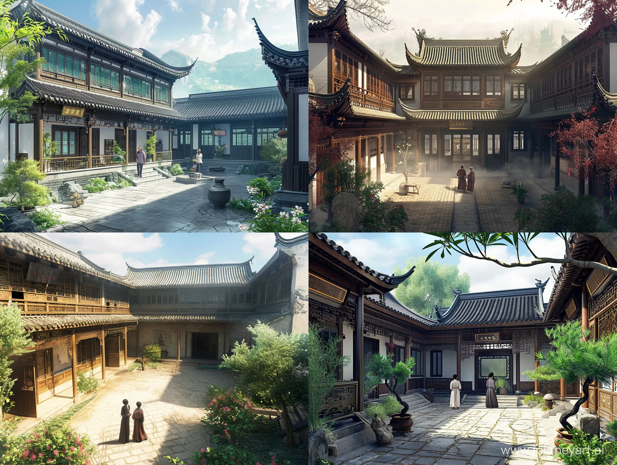 一座豪华中式府邸，有两个人现在院子里，古风，东方美学，水墨画风格，中国风，二次元，高清，古代。
