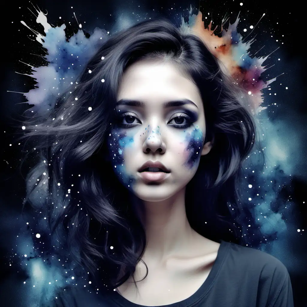 Melancholic Female Portrait with Nose and Lips Amid Moody Watercolor Galaxy Explosion