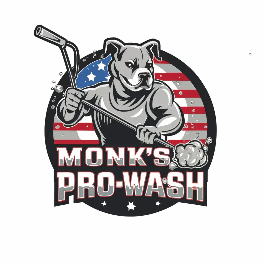 a logo design,with the text "Monk’s Pro-Wash", main symbol:American flag, pressure washing gun, bubbles, black pitbull,Moderate,clear background