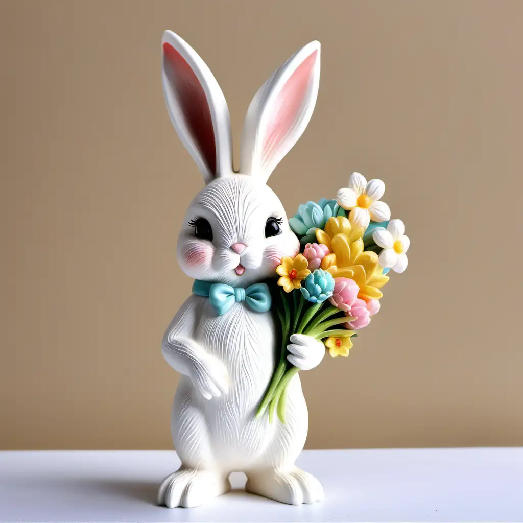 Adorable Easter Bunny Holding Flowers in European American Style on White Background