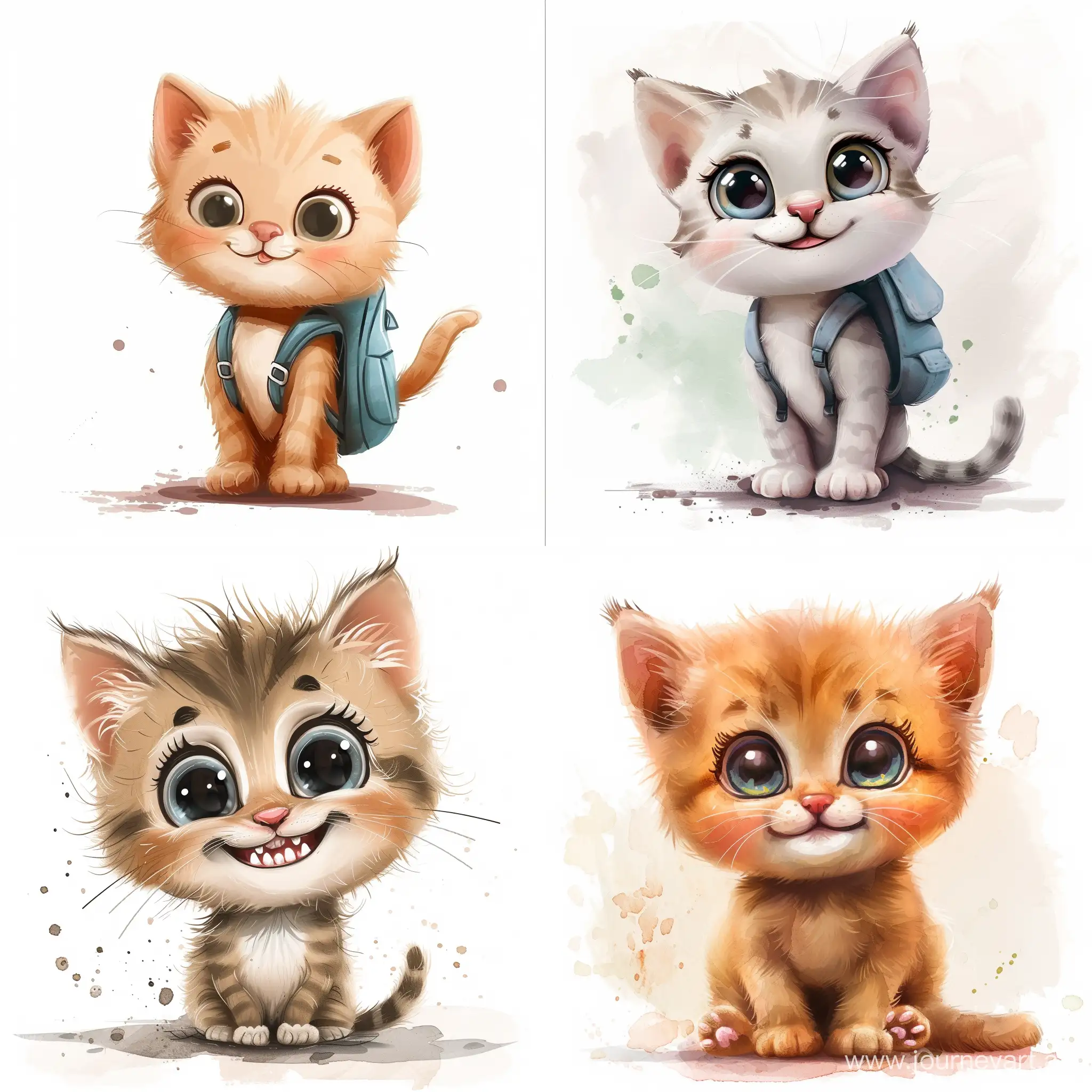 kitten schooler cartoon with smile and big eyes, 2d style watercolor white background