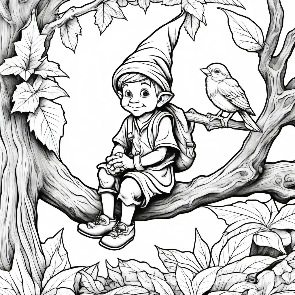 young handsome thin little gnome sitting on a big tree branch next to a bird full view white background, Coloring Page, black and white, line art, white background, Simplicity, Ample White Space. The background of the coloring page is plain white to make it easy for young children to color within the lines. The outlines of all the subjects are easy to distinguish, making it simple for kids to color without too much difficulty