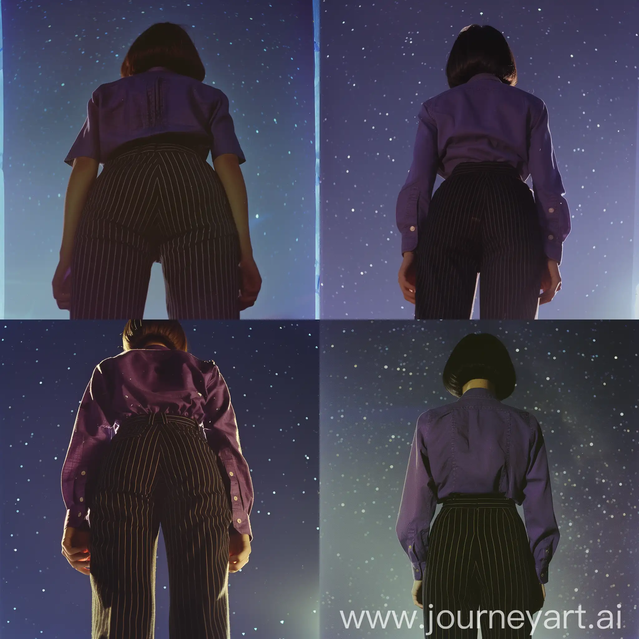 photo from 2015s, grainy effect, bottom up view, night stars sky in the background, close up shot 12 yo girl standing above viewer (wearing a violet shirt, black pinstripes tight trousers) brunette bobcut, rear view, photo on film, looking bottom up view, bright front lighting