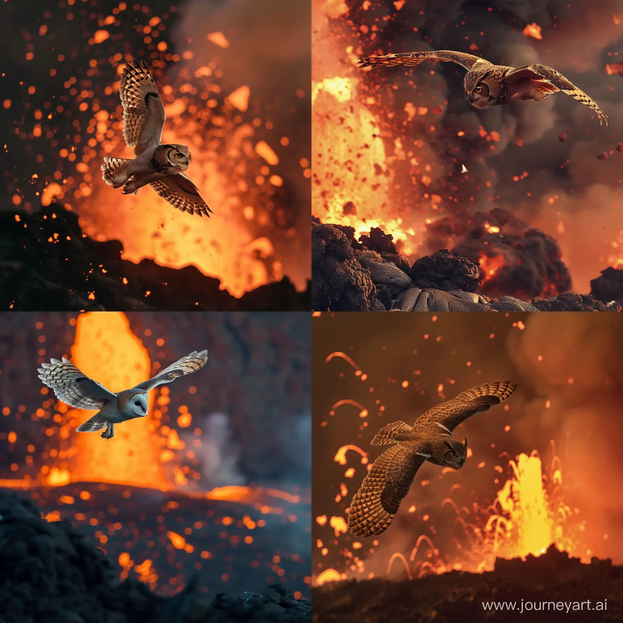 сова, летит над извергающимся вулканом, стиль реальное фото