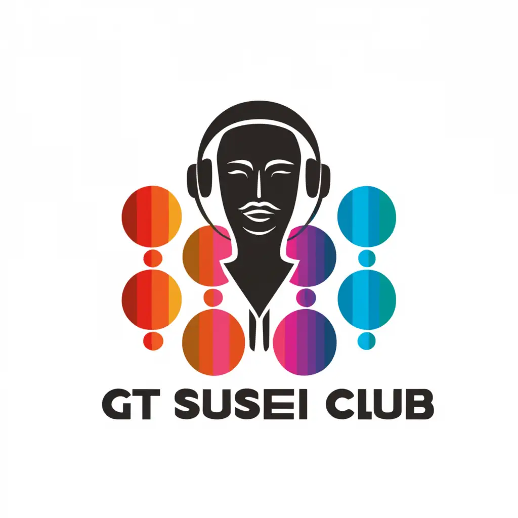 a logo design,with the text "GT SUSEI CLUB", main symbol:Colorful discs, man, headphones,Minimalistic,be used in Entertainment industry,clear background