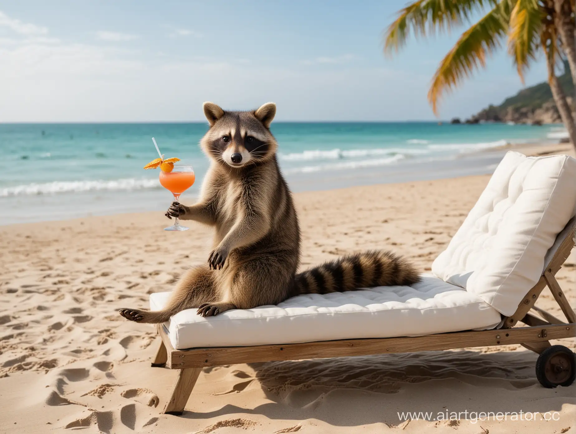 A raccoon sitting on a chaise longue, in the middle of the beach, with the sea in the background, holding a cocktail in his hands