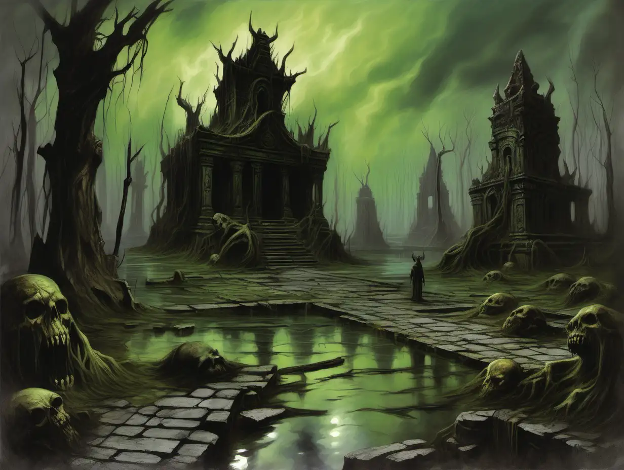 Fantasy Painting of Desolate Swamp and Demon Statue