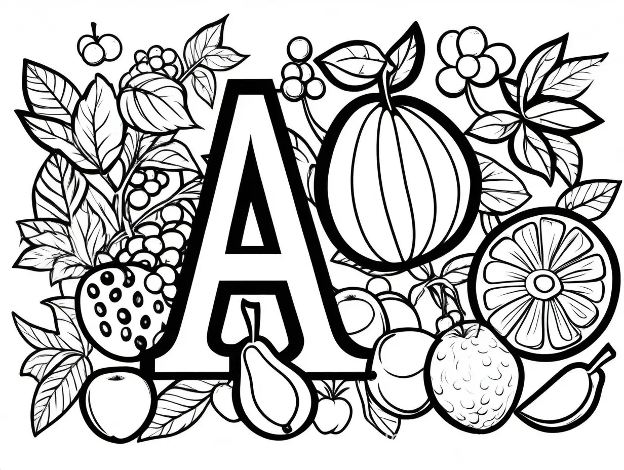 Stylish A Alphabet Letter with some fruits floral kid activity coloring page for kid black and white, Coloring Page, black and white, line art, white background, Simplicity, Ample White Space. The background of the coloring page is plain white to make it easy for young children to color within the lines. The outlines of all the subjects are easy to distinguish, making it simple for kids to color without too much difficulty