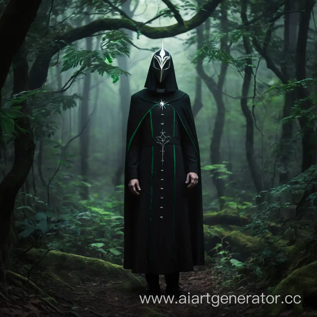 Реализм, мрачный худощавый мужчина в рясе, стоит в темном лесу, глаза светятся, маска повторяет контур лица, в руках зеленого цвета магия, фэнтези