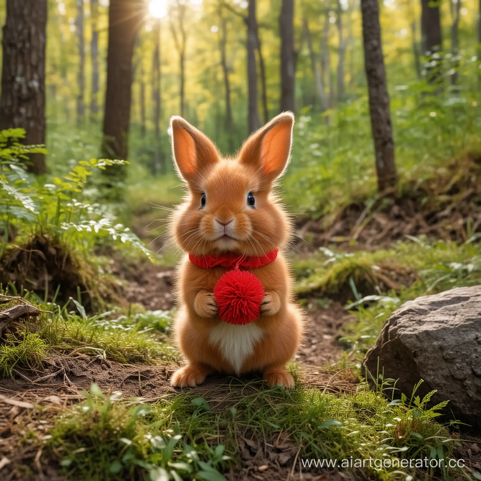 Charming-Red-Rabbit-Pompon-in-a-Lush-Village-Forest