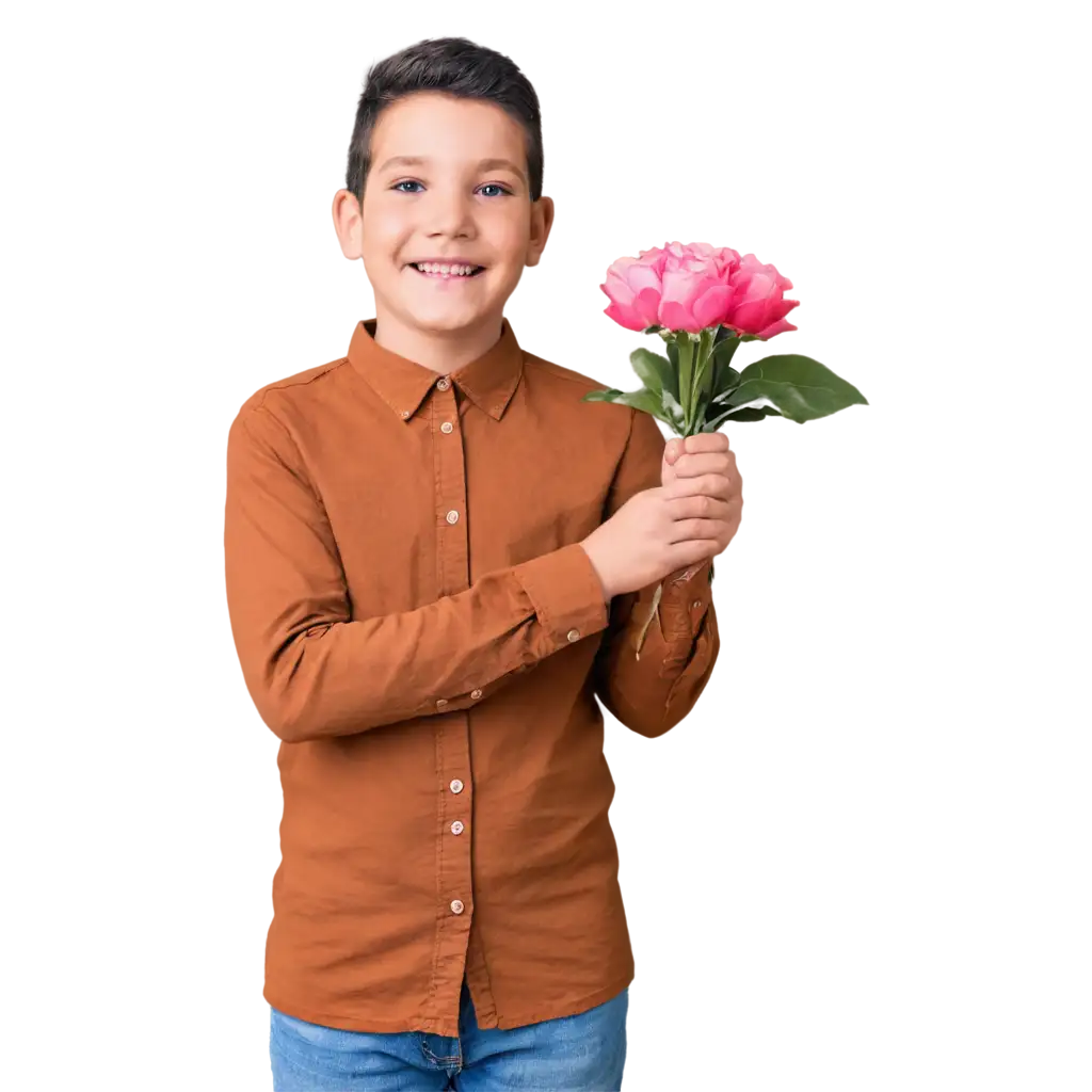 Adorable-7YearOld-Boy-Holding-a-Pink-Flower-Captivating-PNG-Image-for-Heartwarming-Moments