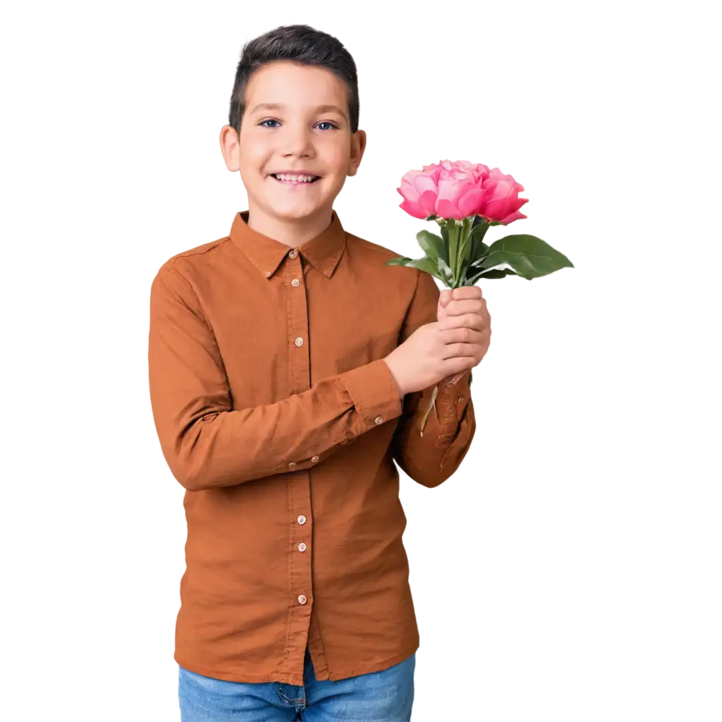 a 7 years old boy holding a pink flower and smile