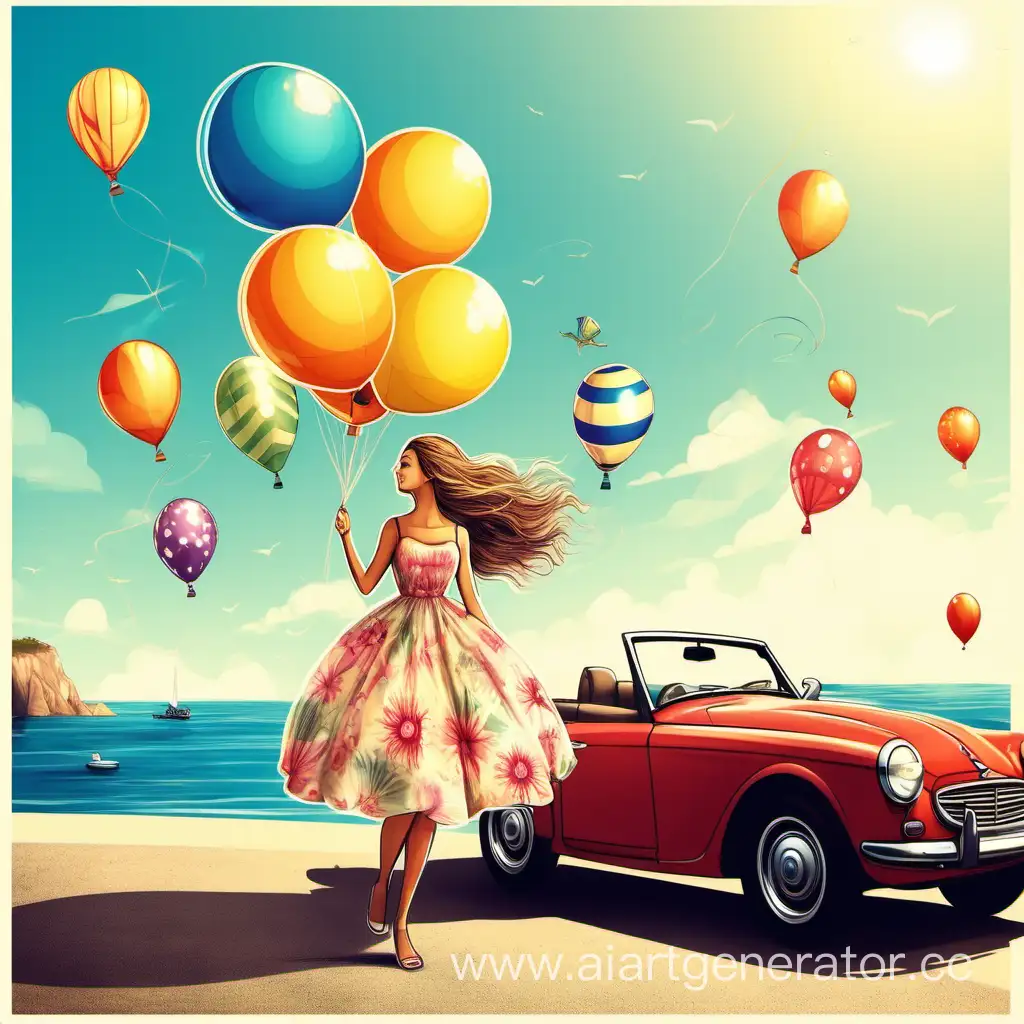 Девушка, кабриолет,  море, открытка, шарики, день рождения, поздравление, красивое платье, лето, солнце