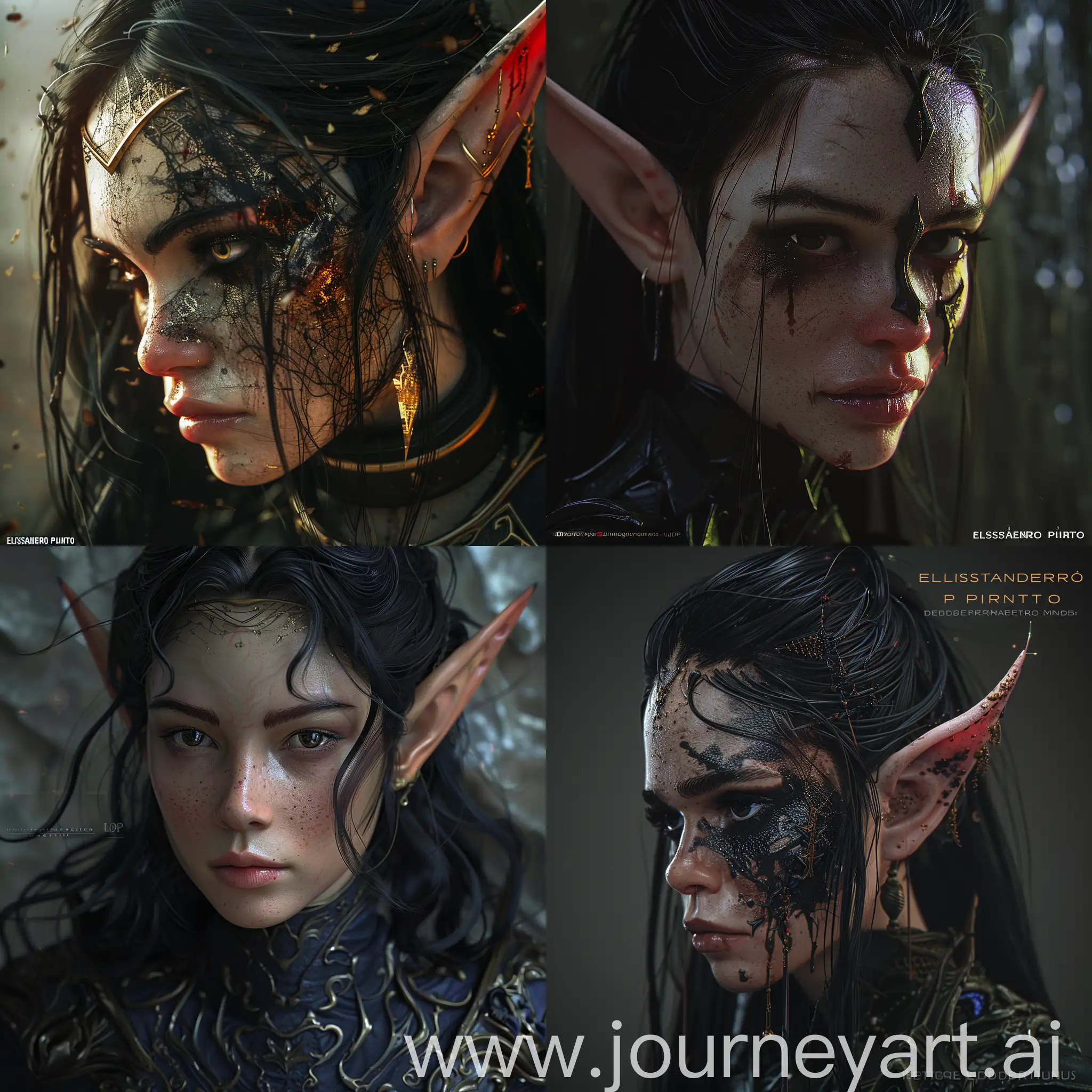 elven female, warrior, goddess,pointed ear,black eyes,black hair,realistic human skin hd 4k, Concept art portrait by ELISSANDRO PINTO, Artgerm, hyperdetailed, intricately detailed, gothic art, trending on Artstation, triadic colors, Unreal Engine 5, detailed, matte, painting, deep color, fantastical, intricate detail, splash screen, complementary colors, fantasy concept art, 8k resolution, Designed by Bella, WLOP, on Artstation, intricate artwork masterpiece, ominous, matte painting movie poster, golden ratio, epic, highly detailed, ultra high quality model, global illumination, detailed and intricate environment, intricate painting, HD captivating, Extraordinary, Phenomenal, Remarkable, Aesthetic, Artistic, Enchanting, Sophisticated, Beautiful, Gorgeous, Exquisite, Breathtaking, sharp focus, cinematic lighting mask, ray tracing, depth of field, dynamic angle, devoid of any deformities, asymmetry
