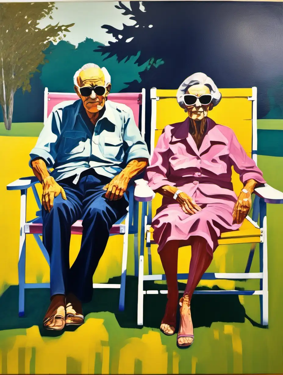 1970s Oil Painting wide brush strokes, old man and old woman wearing sunglasses sitting in lawn chairs, Navy, yellow sage and pink color palette