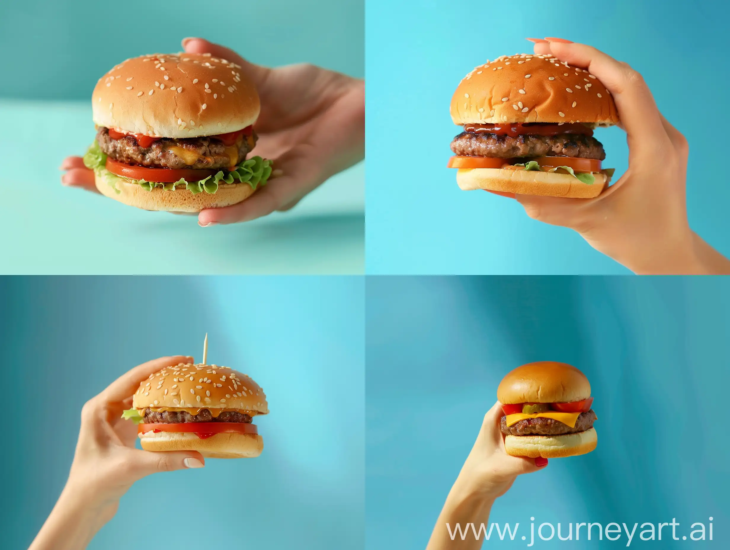 Close-up on a hamburger in a female hand on a blue background