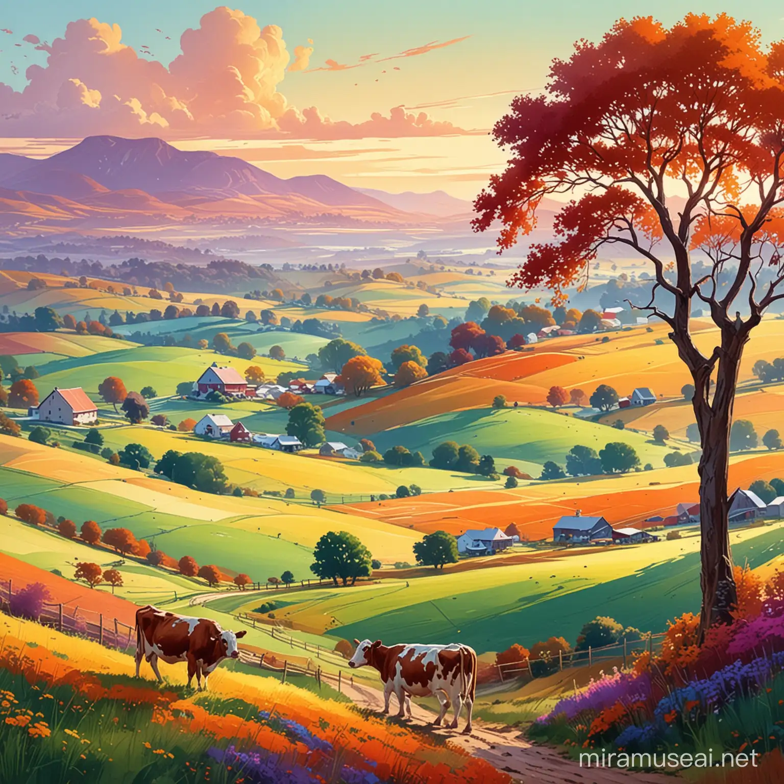 Vibrant Farmland with Cows and Lush Greenery in Digital Panoramic Art