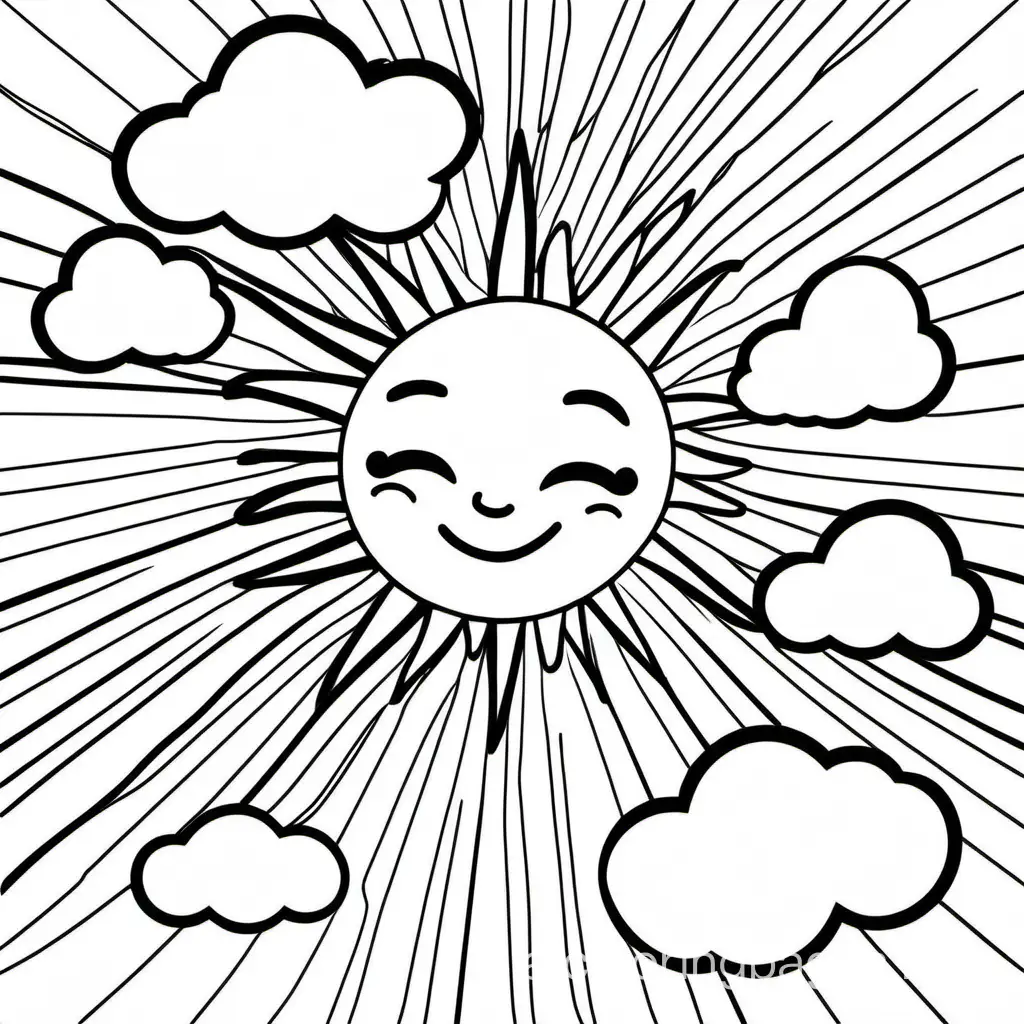 happy sun and clouds, Coloring Page, black and white, line art, white background, Simplicity, Ample White Space. The background of the coloring page is plain white to make it easy for young children to color within the lines. The outlines of all the subjects are easy to distinguish, making it simple for kids to color without too much difficulty