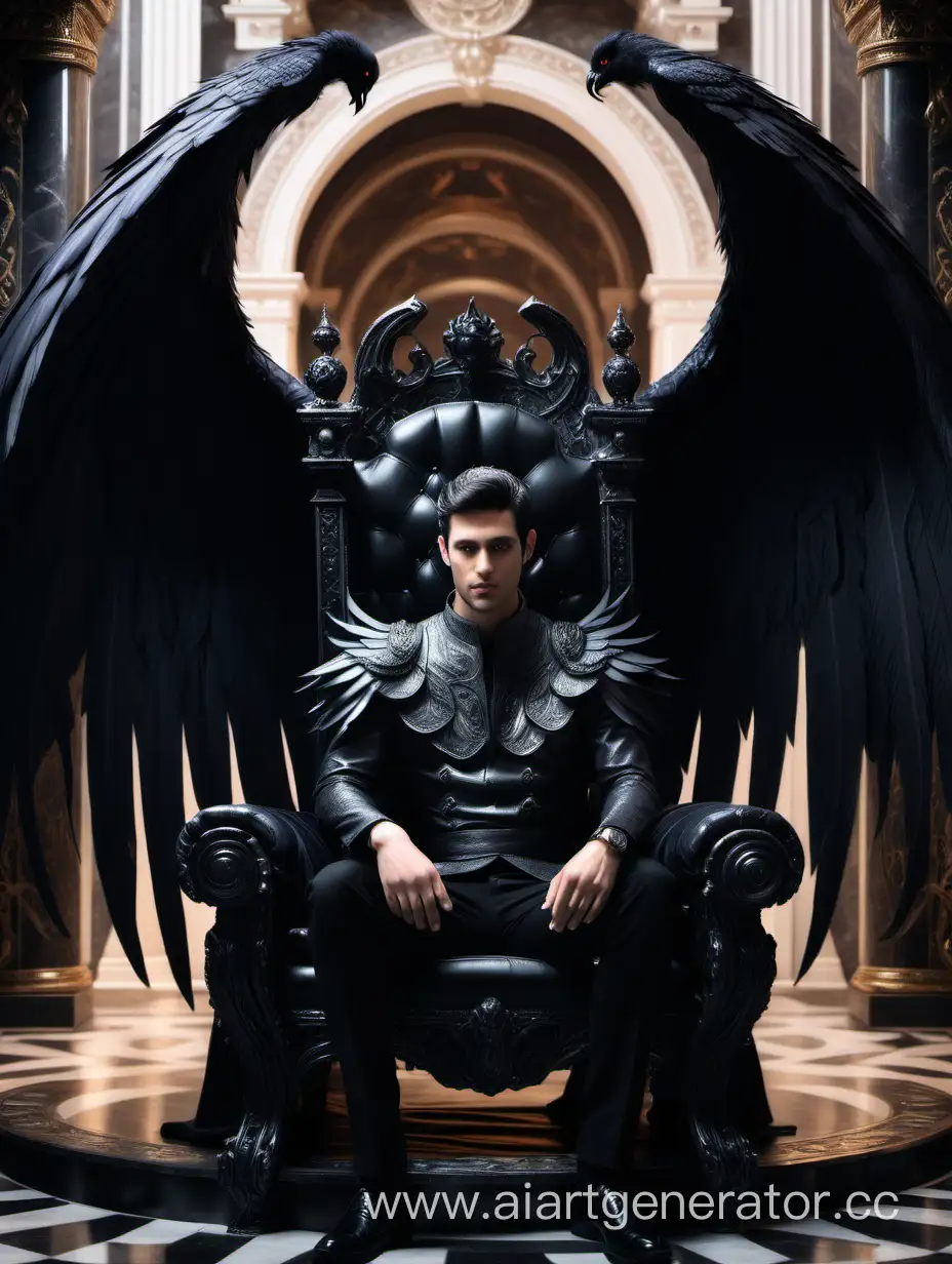 Красивый мужчина с чёрными крыльями на троне, в красивом тронном зале