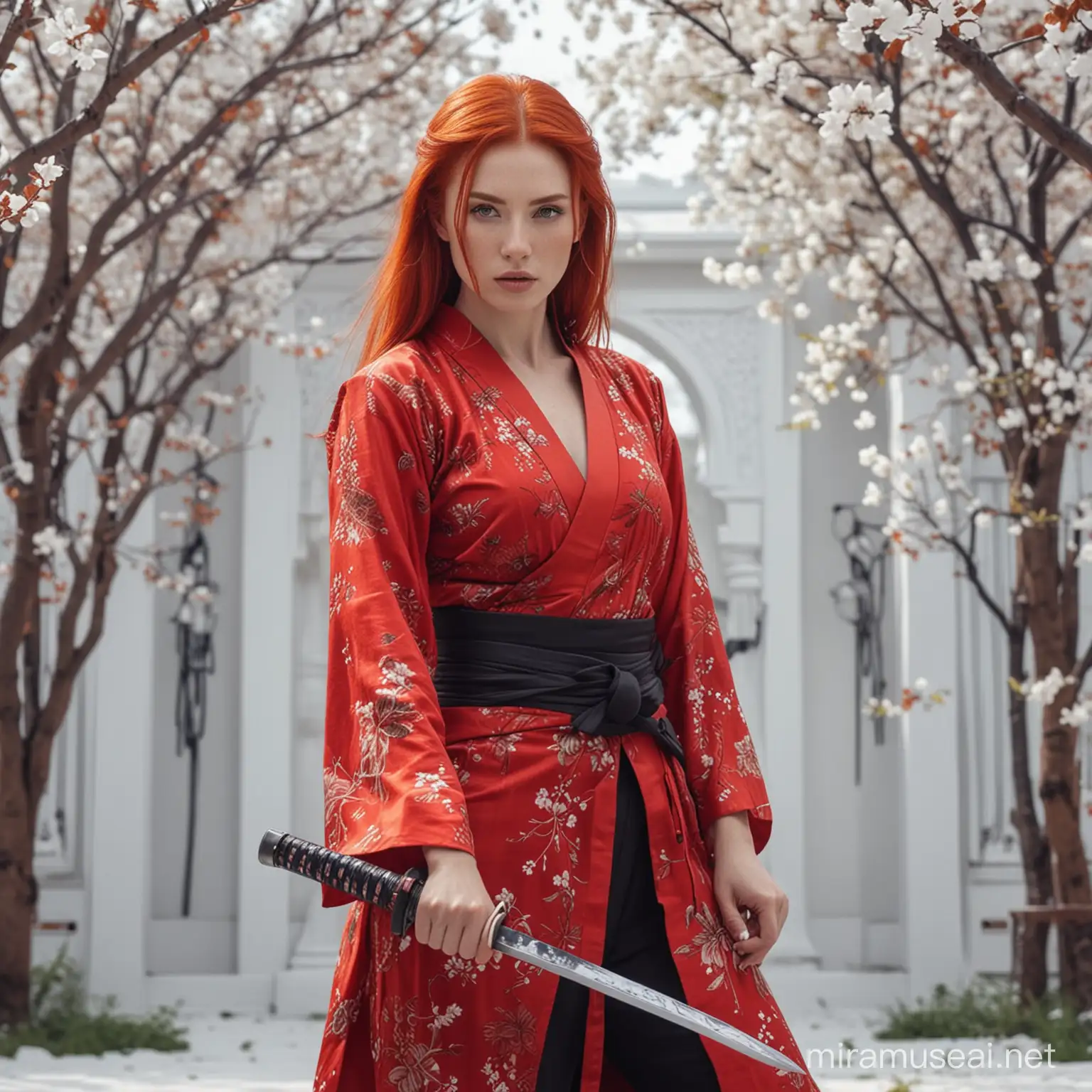 RedHaired Warrior Woman with Katana in Enchanting White Neon Garden