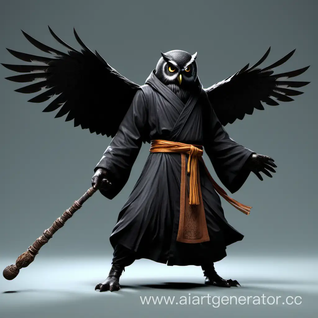 Человек черная сова монах с крыльями в боевой стойке с посохом