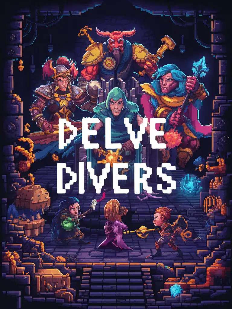 STYLIZED PIXEL ART FANTASY DUNGEON SCENE OF WARRIOR MAGE DRUID AND ROGUE IN BOSS ENCOUNTER VIDEO GAME LOGO COVER ART WITH THE LETTERS "DELVE DIVERS" PIXEL FONT ACROSS GAME COVER ART