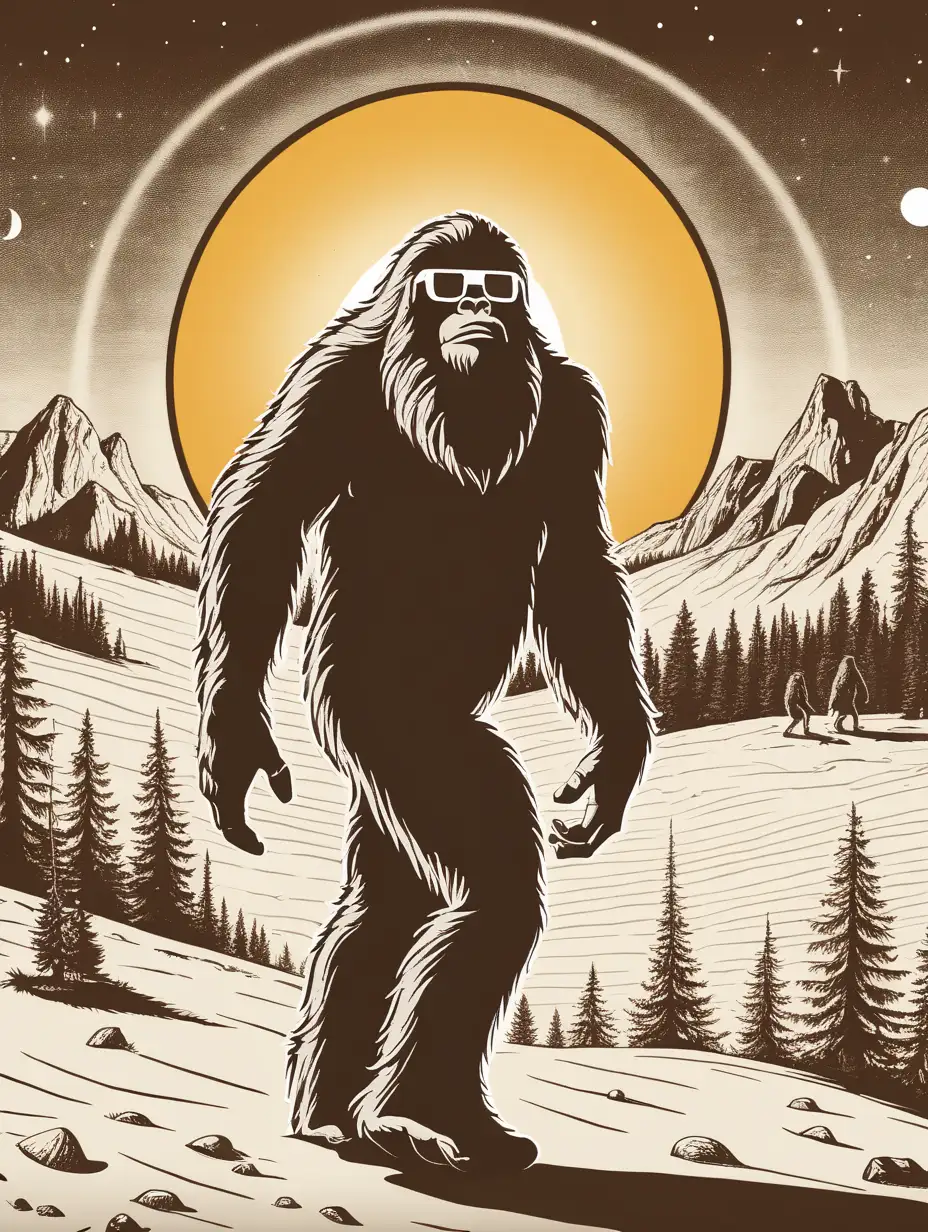 Sasquatch walking in front of solar eclipse background, wearing cardboard viewing glasses. 
 Do not crop.