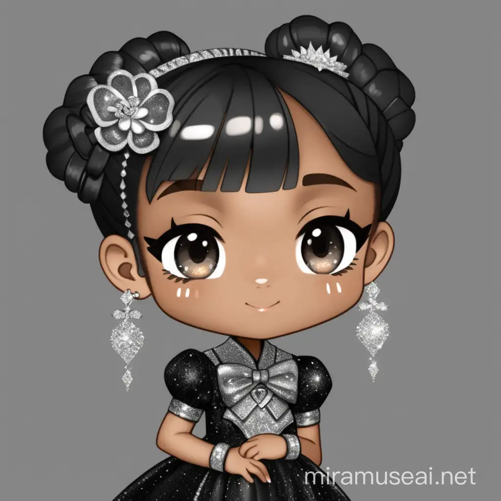 Chibi black Girl, beautiful asian face with a glittery black background dressed in black elegant dress and silver shoes 