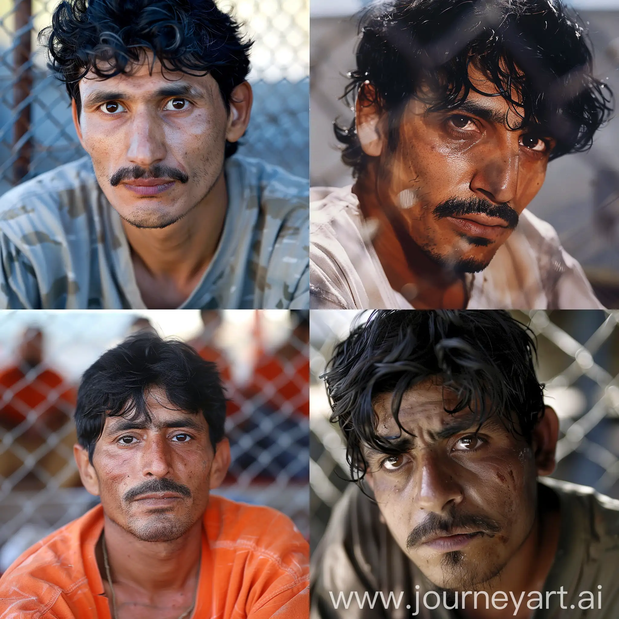 Красивый смуглый иранский парень с чёрными волосами, карими глазами и усами сидит в тюрьме на базе Гуантанамо