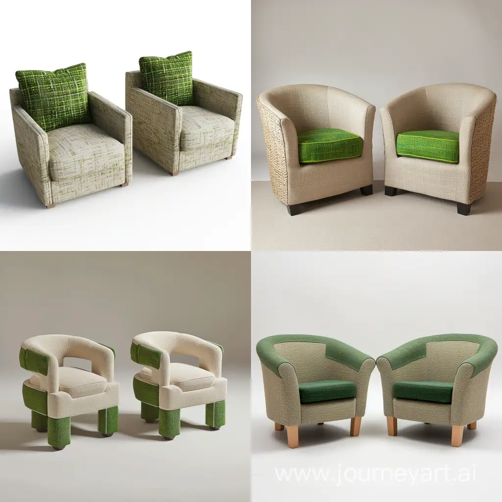 imagine  an image of Seating area :
Furniture: A pair of eco-friendly upholstered small chairs.
Material: Chairs made with sustainable fabric.
Color: Green accents on a neutral base.realistic style