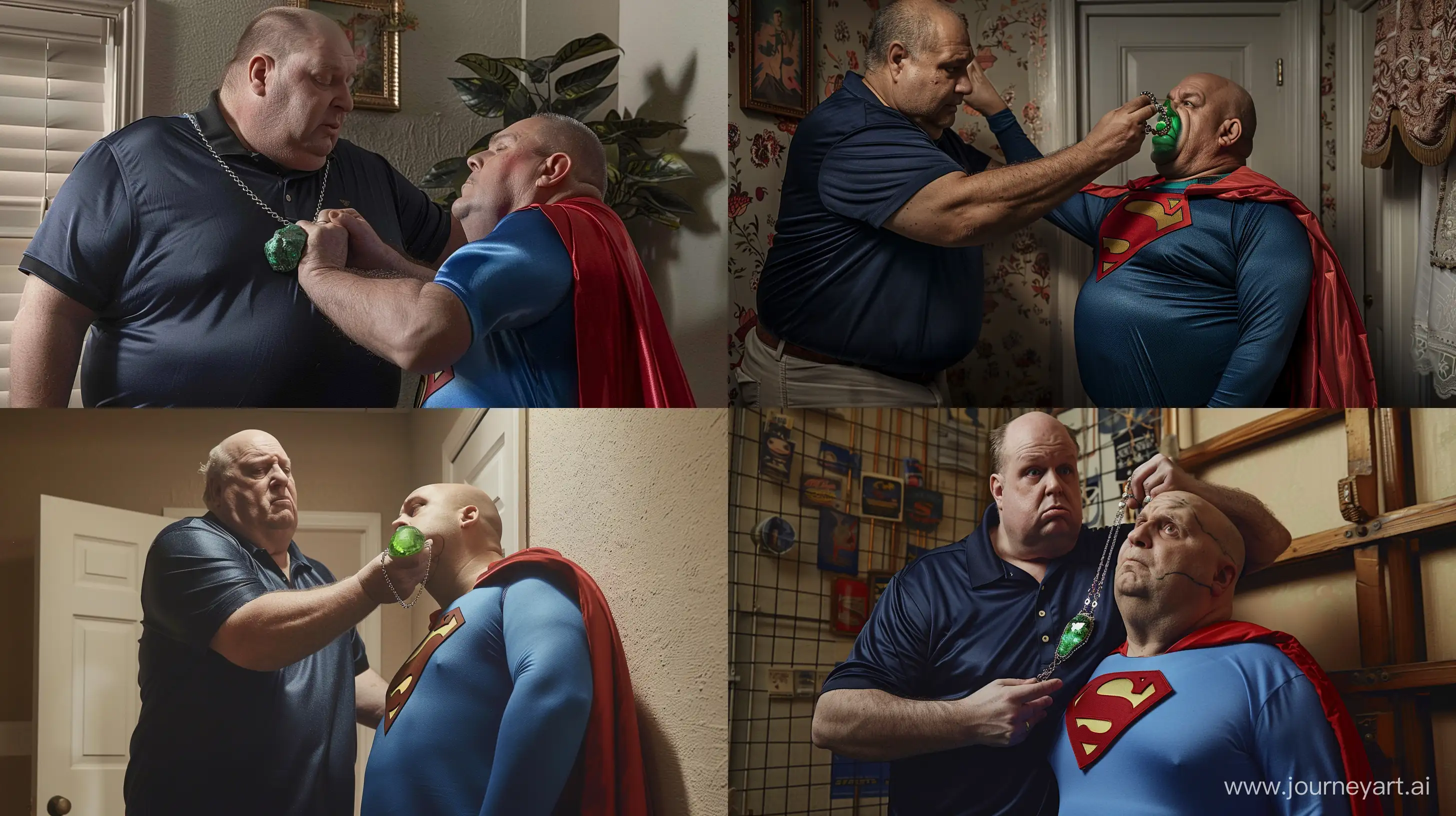Close-up photo of a very fat and taller man aged 60 wearing a silk navy polo shirt placing a short chain necklace with a green glowing rock around the neck of a very fat man aged 60 looking very weak and tired and wearing a tight blue superman costume with a red cape leaning on a wall. Interior --style raw --ar 16:9