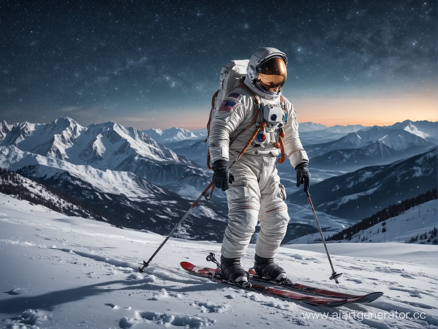 космонавт на лыжах. на фоне гор и звёздного неба