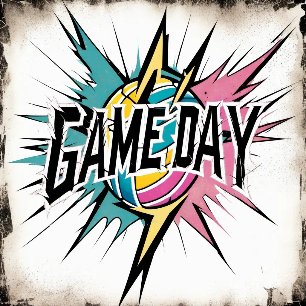 GAME DAY, VOLLEYBALL, PASTEL, DISTRESSED, LIGHTNING BOLT DOWN THE CENTER, WHITE BACKGROUND
