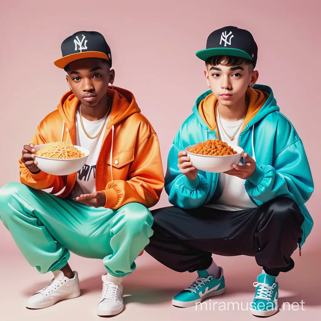 Illustration style image of 2 Hip Hop Gen Z Boys having instant food 
