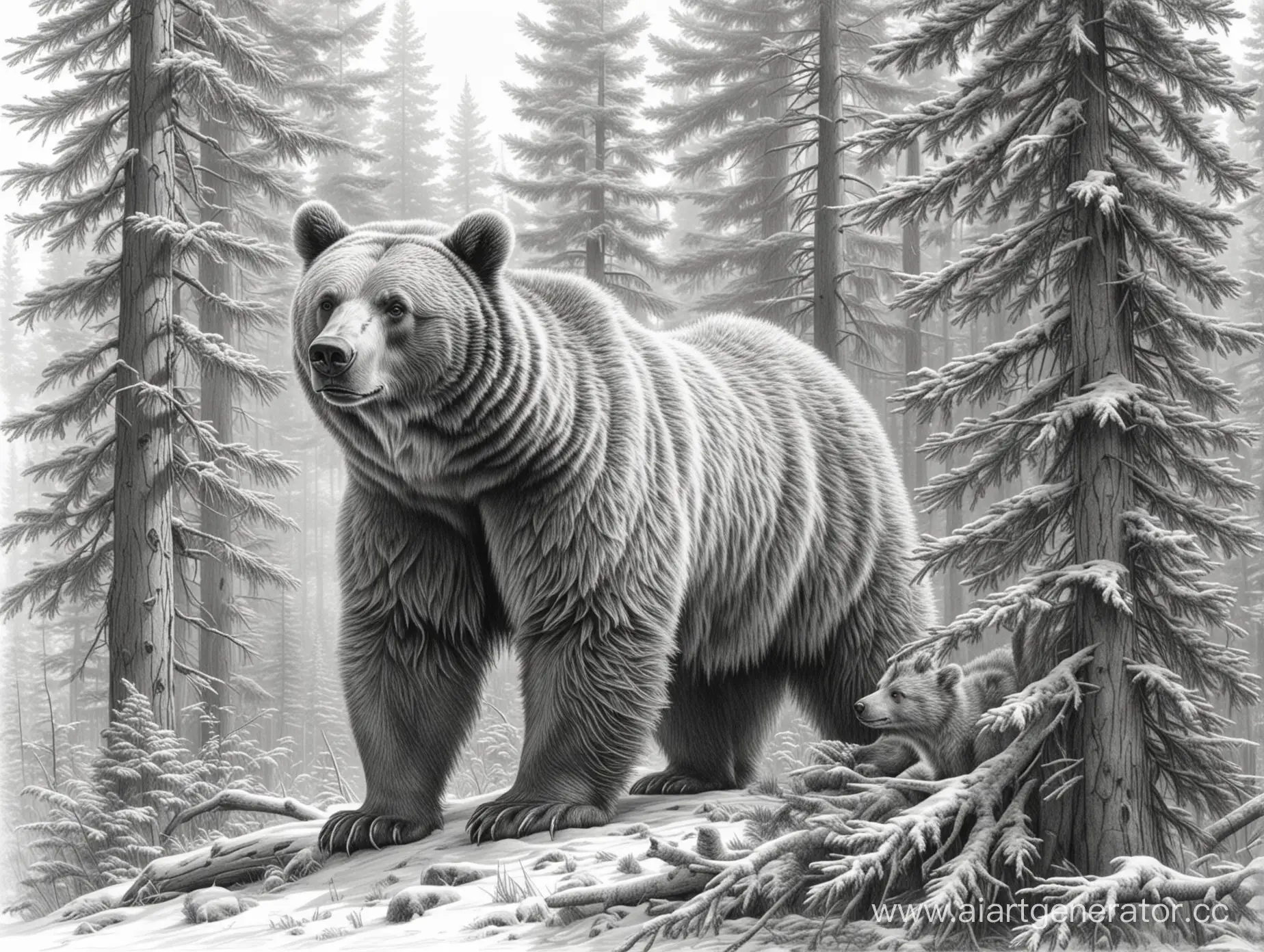 реалистичный рисунок в стиле карандашной графики на белом фоне максимально детализированный медведь с медвежонком  рядом большая детализированная ель во весь рост
