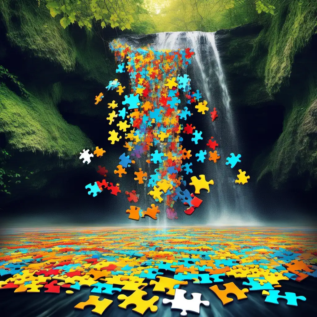 Vibrant Jigsaw Puzzle Pieces Cascading Through a Serene Waterfall