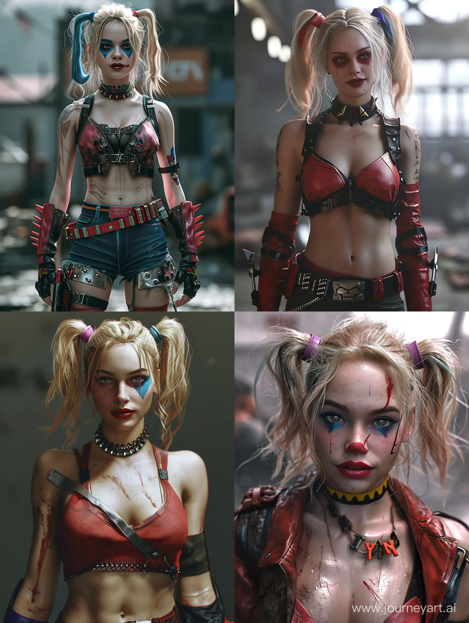 Scarlett Johansson is Harley Quinn, far front view, shot from the movie, cinematic, photorealistic, ultra-detailed, 4k
