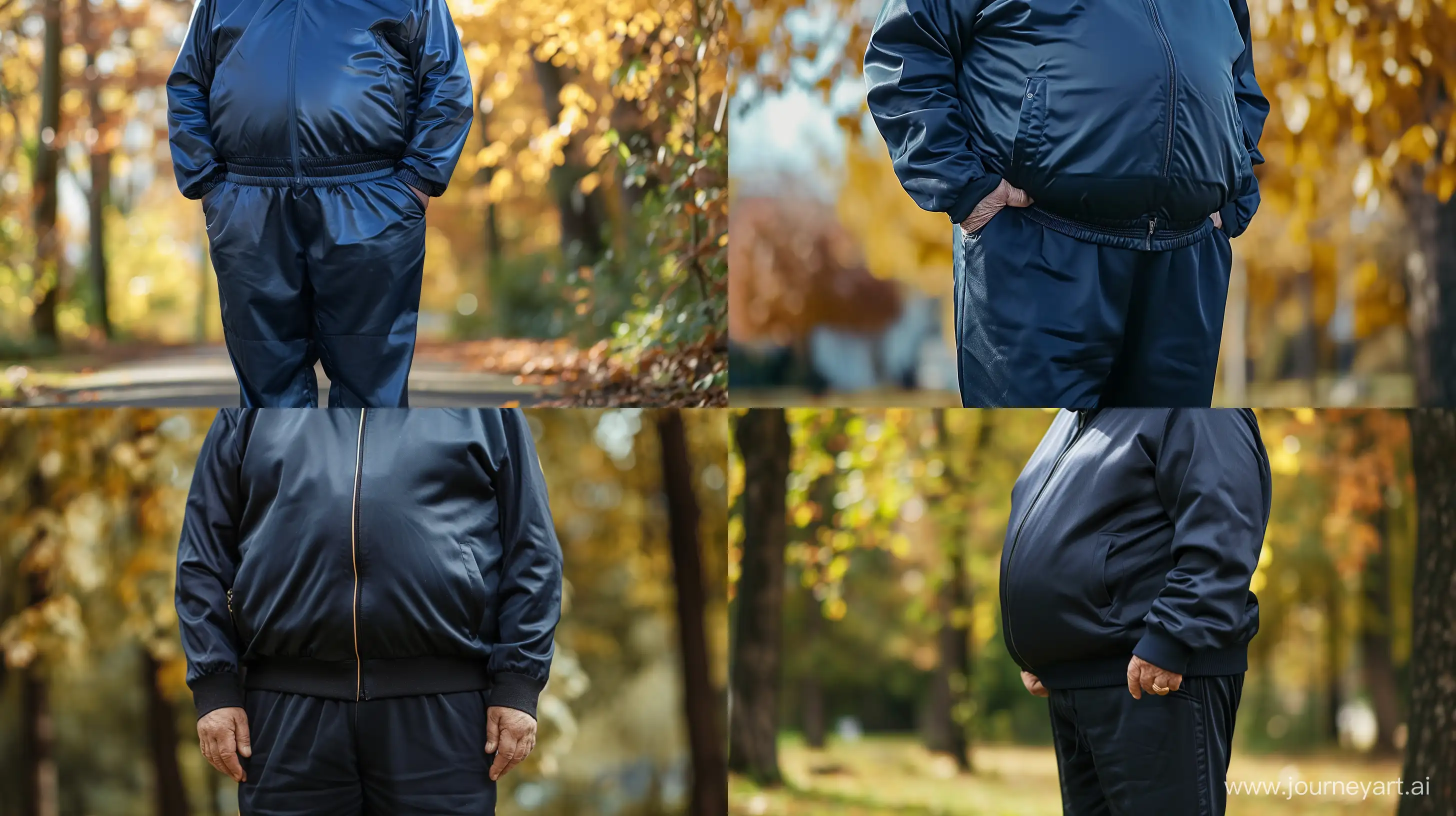 Full body of a chubby man aged 70 wearing a slightly shiny navy tracksuit. Outside. --style raw --ar 16:9 --v 6