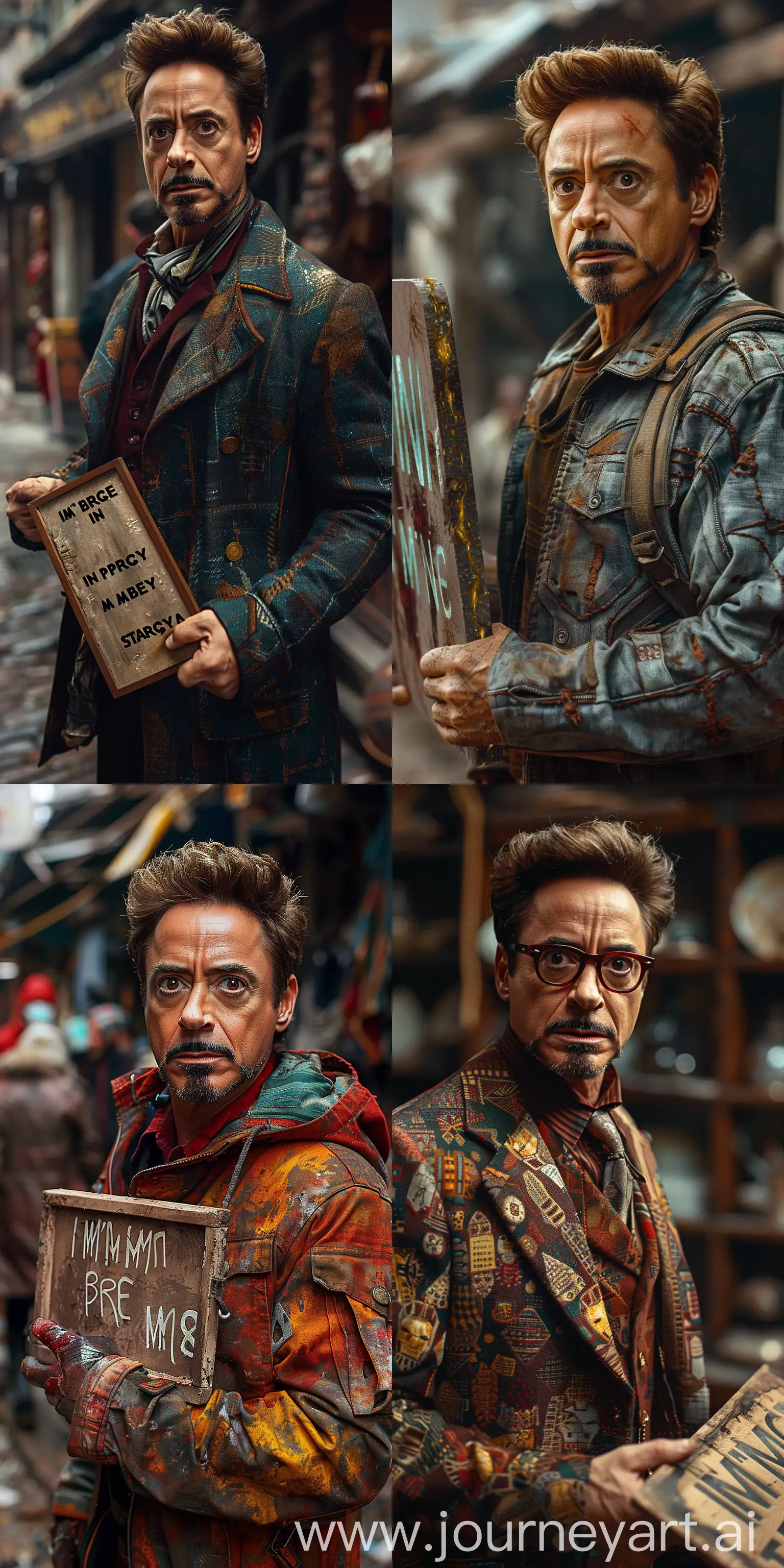 Robert Downey Jr, as a Tony stark, he hold a board with text I'M BACK IN MCU, realistic --ar 1:2 --s 750 --v 6